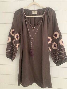 Benares  Embroidered Linen  Mini Dress Coverup in  Brown,Cream & Purple